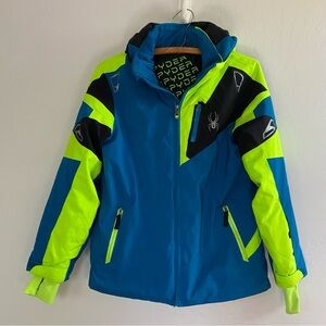 Spyder Youth Boys Neon Green Blue Black Winter Outdoors Ski Puff Jacket Size 14